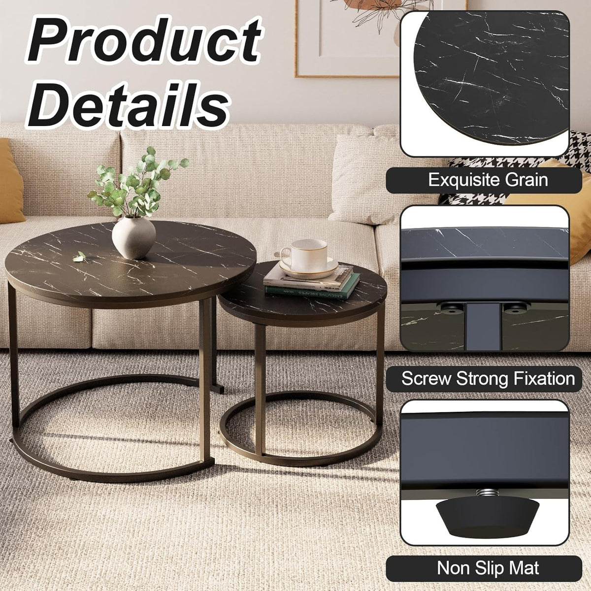 Set of 2 Round Nesting Coffee Table, Marble Finish with Sturdy Metal Frame for Living Room