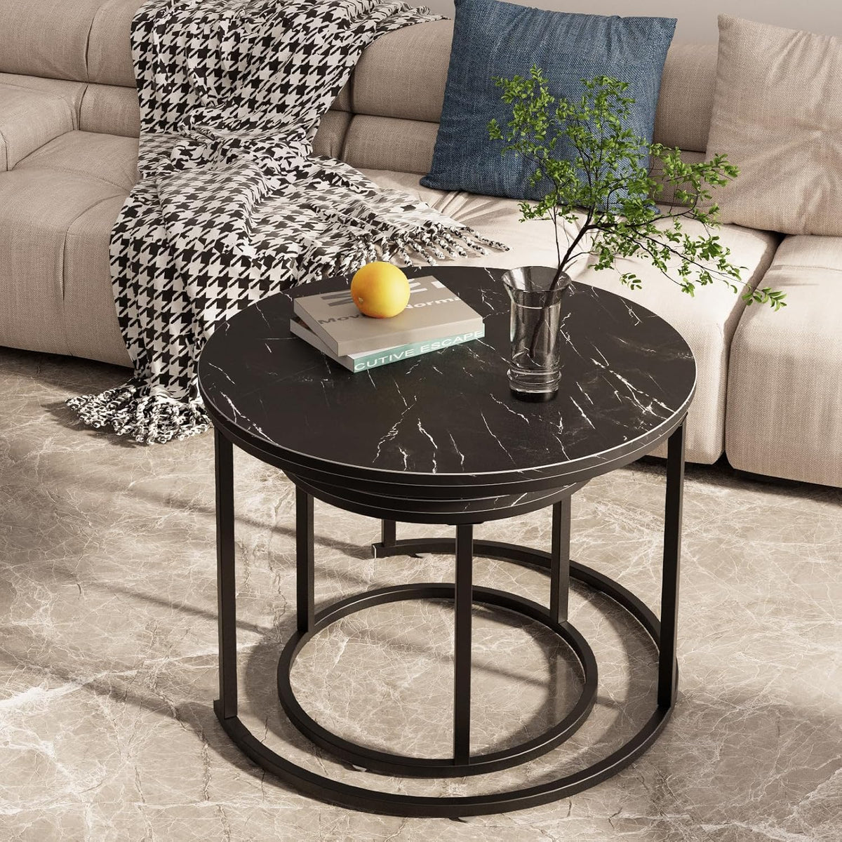 Set of 2 Round Nesting Coffee Table, Marble Finish with Sturdy Metal Frame for Living Room