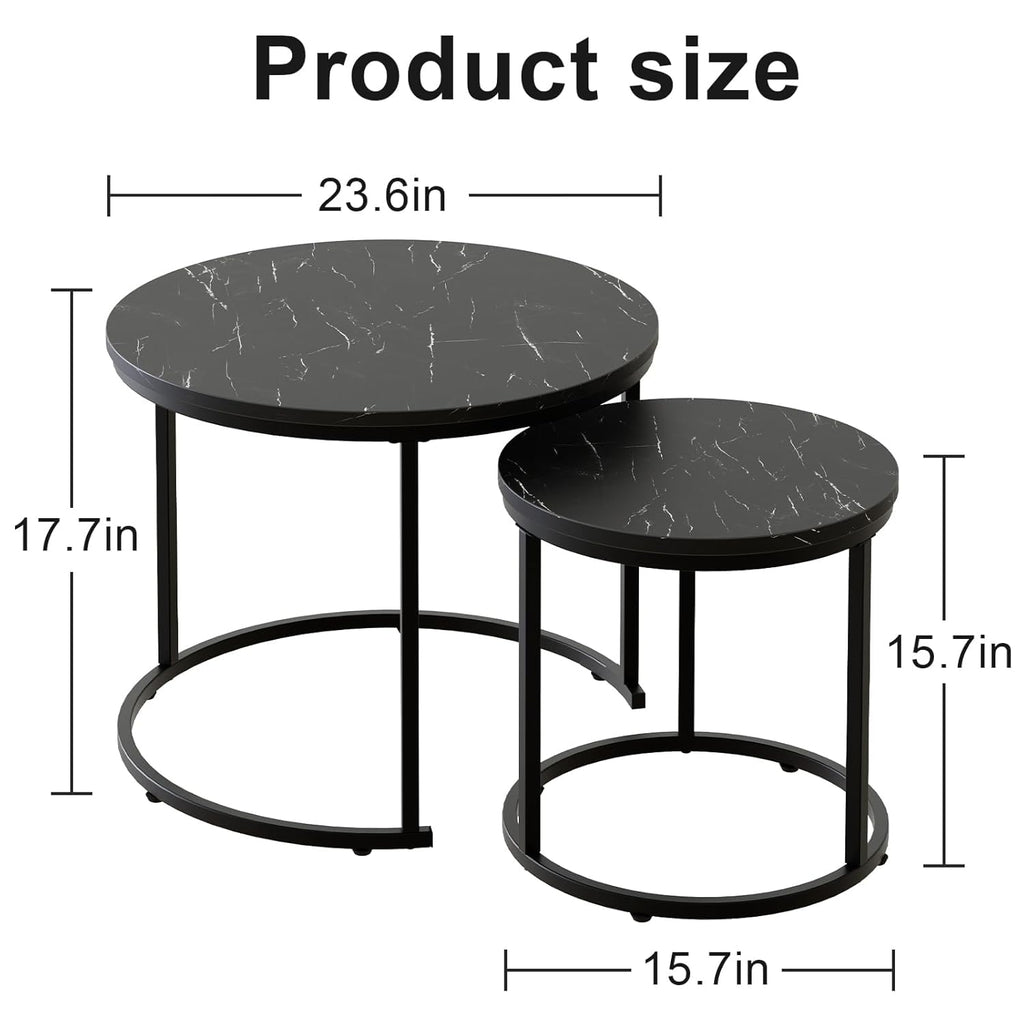 Set of 2 Round Nesting Coffee Table, Marble Finish with Sturdy Metal Frame for Living Room