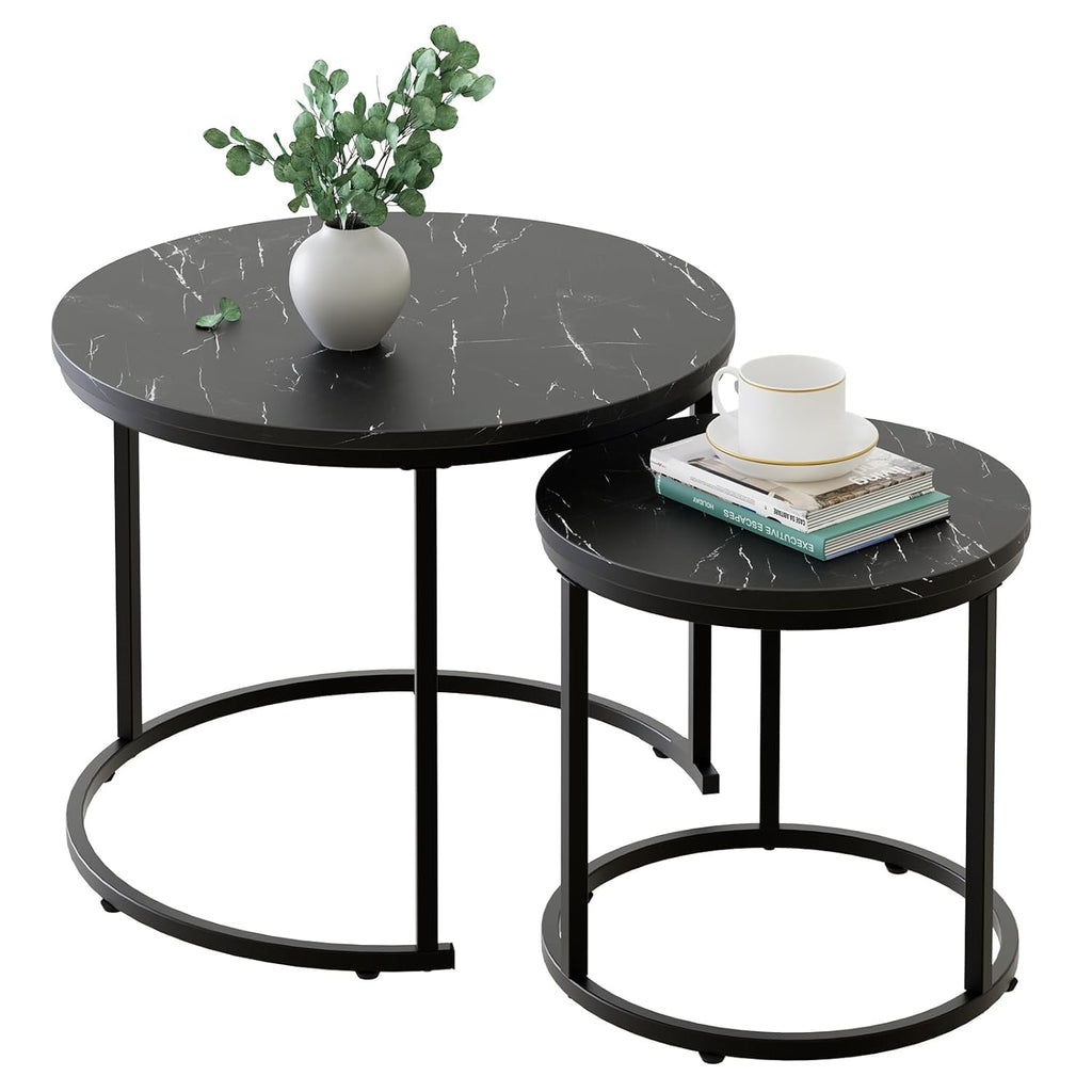 Set of 2 Round Nesting Coffee Table, Marble Finish with Sturdy Metal Frame for Living Room