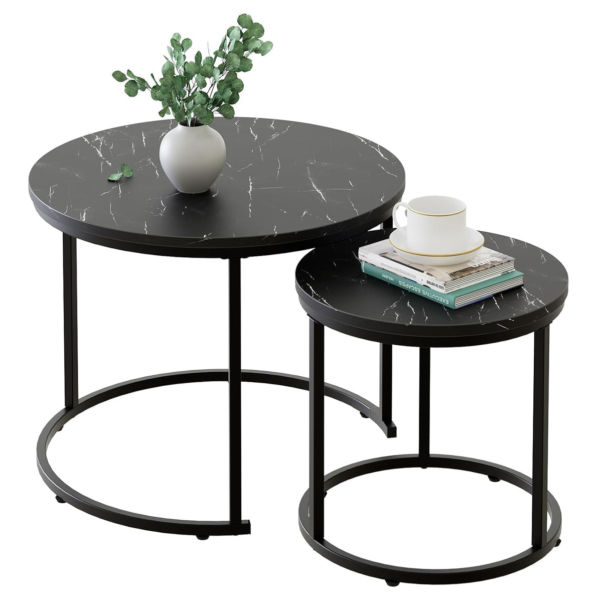 Set of 2 Round Nesting Coffee Table, Marble Finish with Sturdy Metal Frame for Living Room
