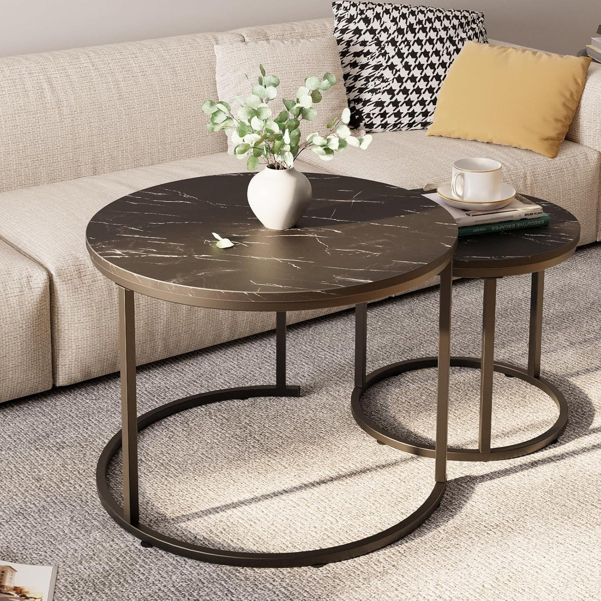 Set of 2 Round Nesting Coffee Table, Marble Finish with Sturdy Metal Frame for Living Room