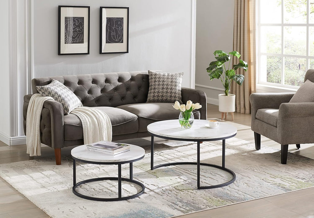 Set of 2 Round Nesting Coffee Table, Marble Finish with Sturdy Metal Frame for Living Room