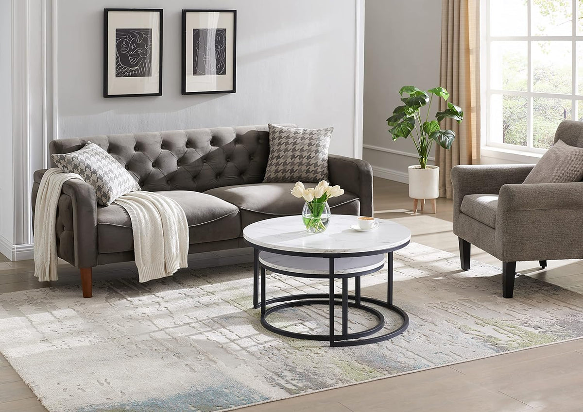 Set of 2 Round Nesting Coffee Table, Marble Finish with Sturdy Metal Frame for Living Room