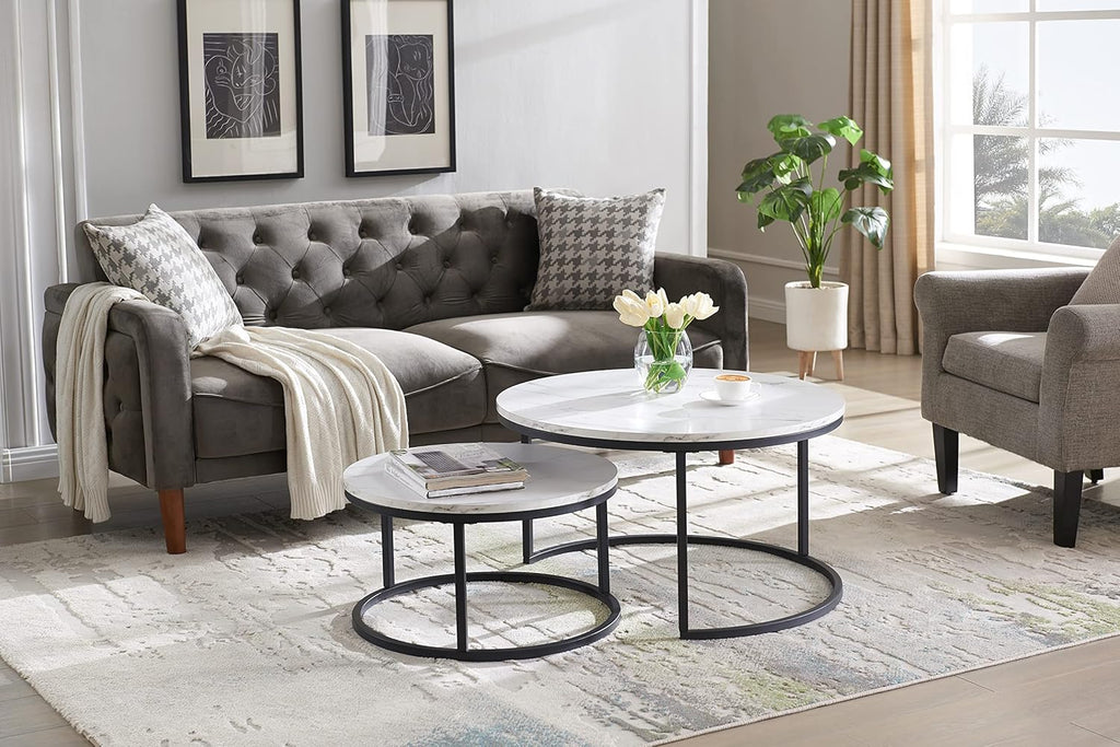 Set of 2 Round Nesting Coffee Table, Marble Finish with Sturdy Metal Frame for Living Room