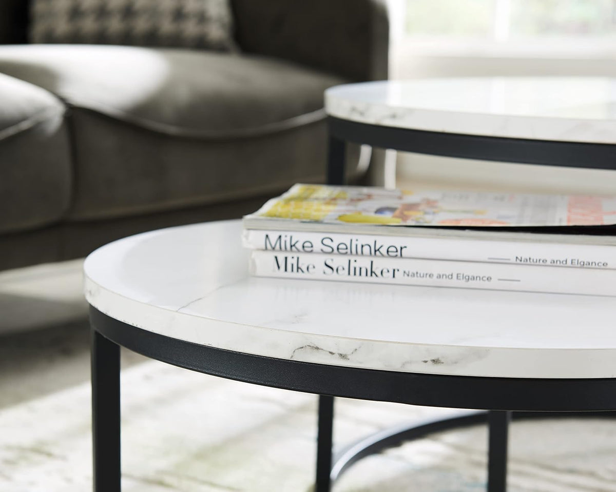 Set of 2 Round Nesting Coffee Table, Marble Finish with Sturdy Metal Frame for Living Room
