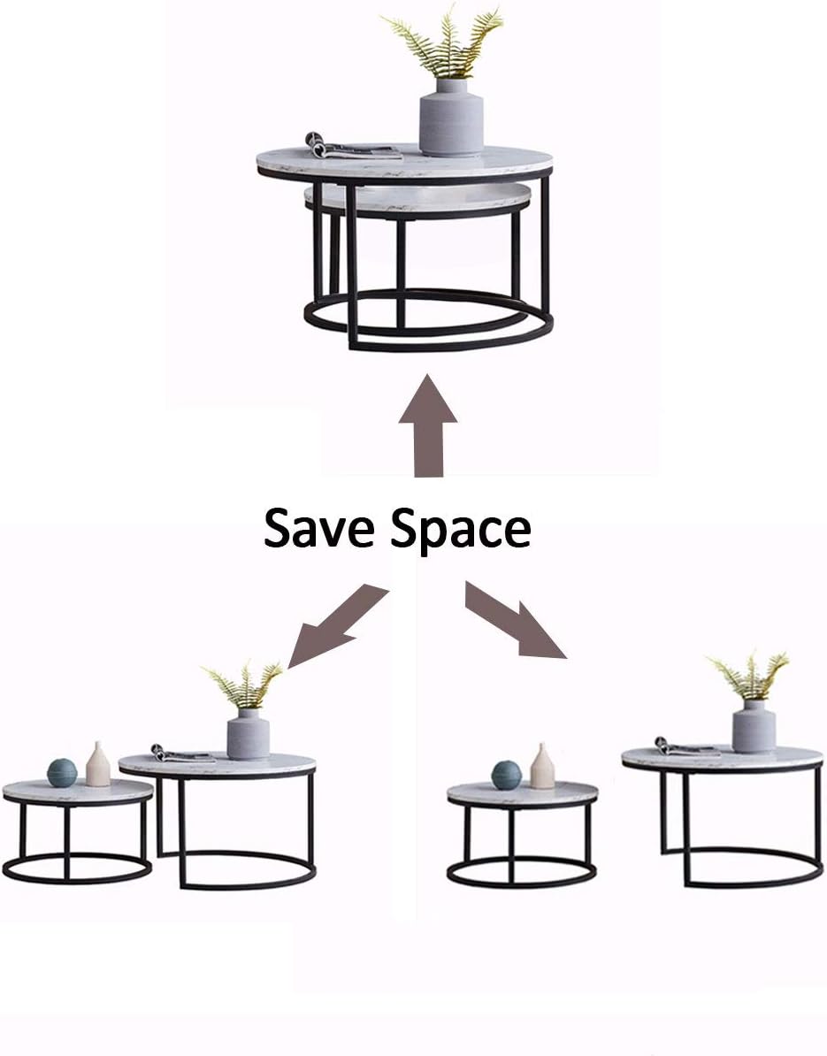 Set of 2 Round Nesting Coffee Table, Marble Finish with Sturdy Metal Frame for Living Room