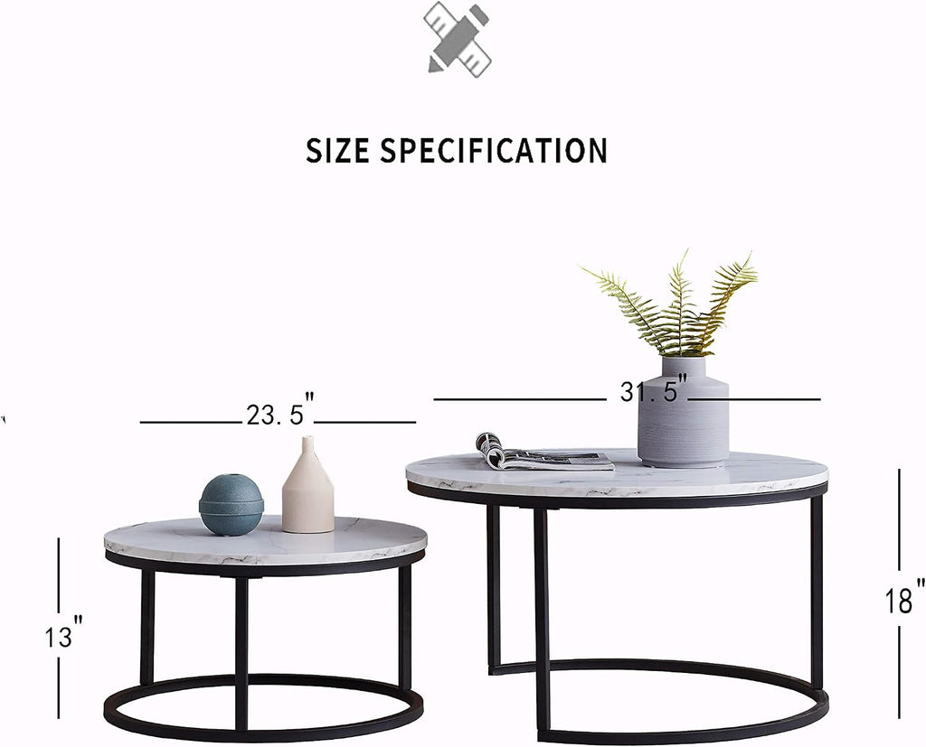 Set of 2 Round Nesting Coffee Table, Marble Finish with Sturdy Metal Frame for Living Room