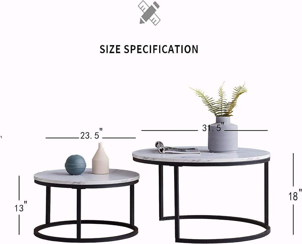 Set of 2 Round Nesting Coffee Table, Marble Finish with Sturdy Metal Frame for Living Room