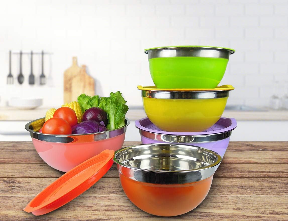 5-Piece Stainless Steel Mixing Bowl Set with Colorful Leak-Proof Lids, Versatile Kitchen Storage Containers