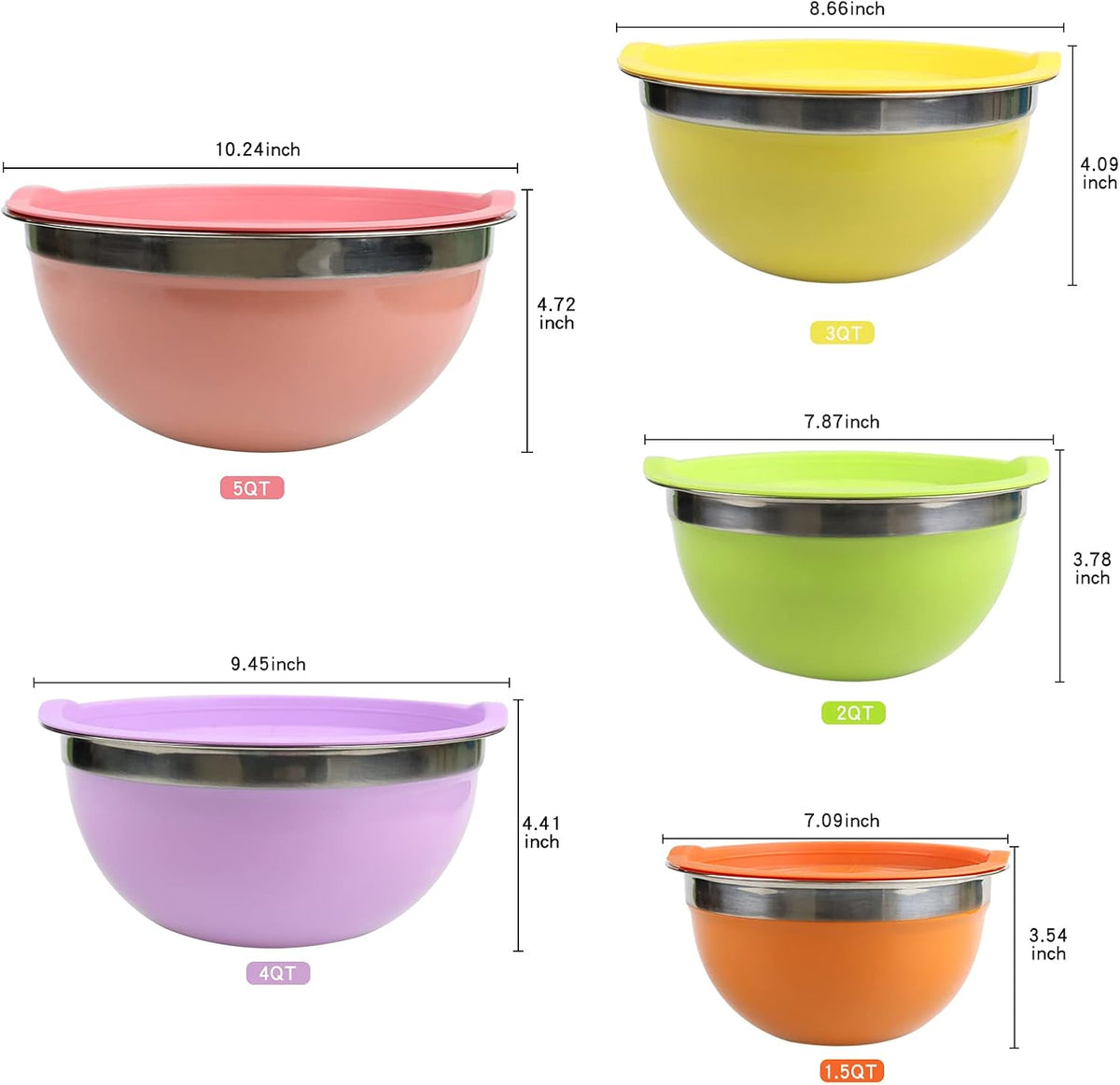 5-Piece Stainless Steel Mixing Bowl Set with Colorful Leak-Proof Lids, Versatile Kitchen Storage Containers