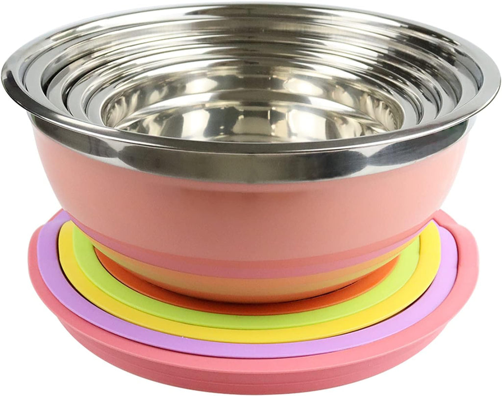 5-Piece Stainless Steel Mixing Bowl Set with Colorful Leak-Proof Lids, Versatile Kitchen Storage Containers