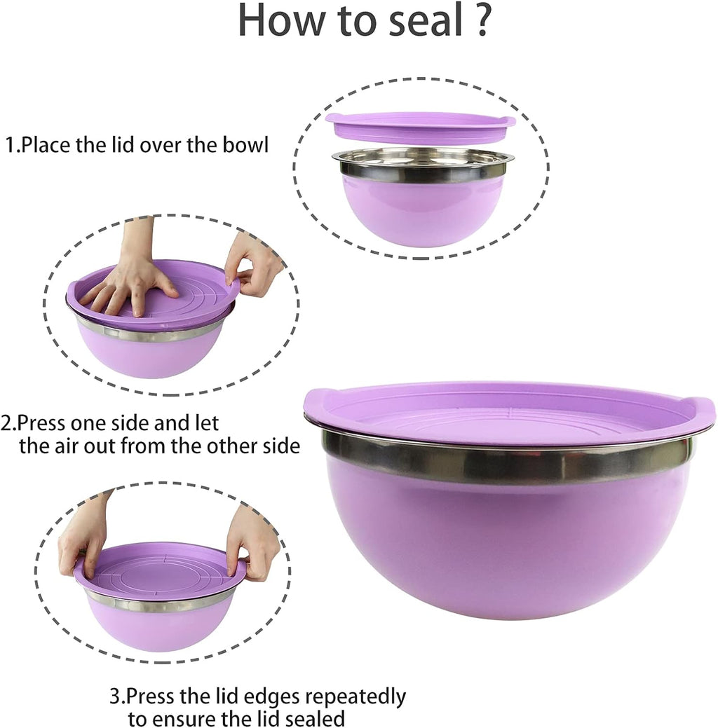 5-Piece Stainless Steel Mixing Bowl Set with Colorful Leak-Proof Lids, Versatile Kitchen Storage Containers