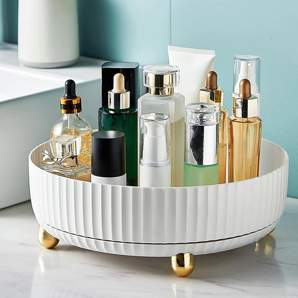 Elegant Rotating Vanity Organizer for Skincare and Cosmetics