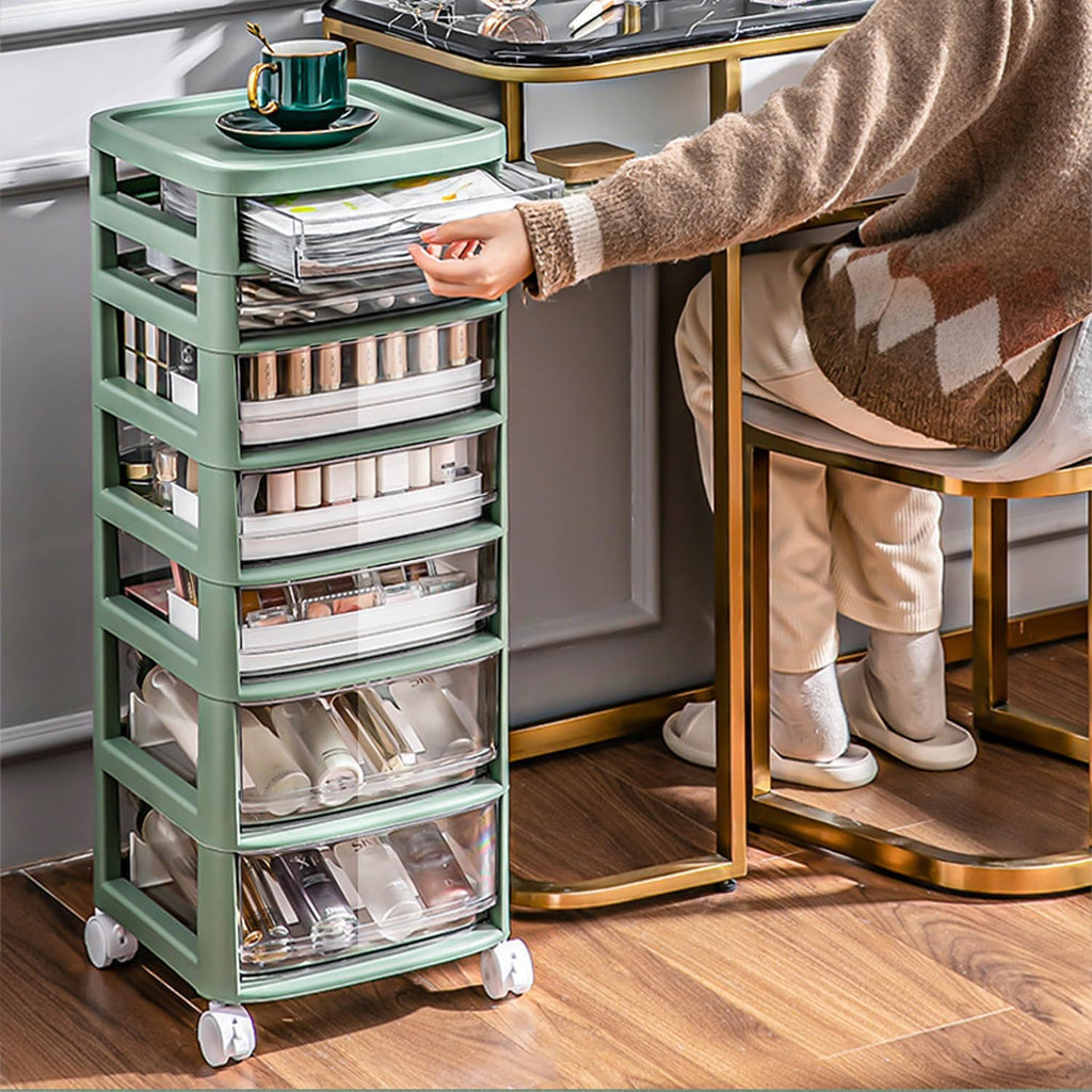 Cosmetic Organizer Cart with Handle and Lockable Wheels, Multifunctional Acrylic Storage Shelves Rolling Utility Cart