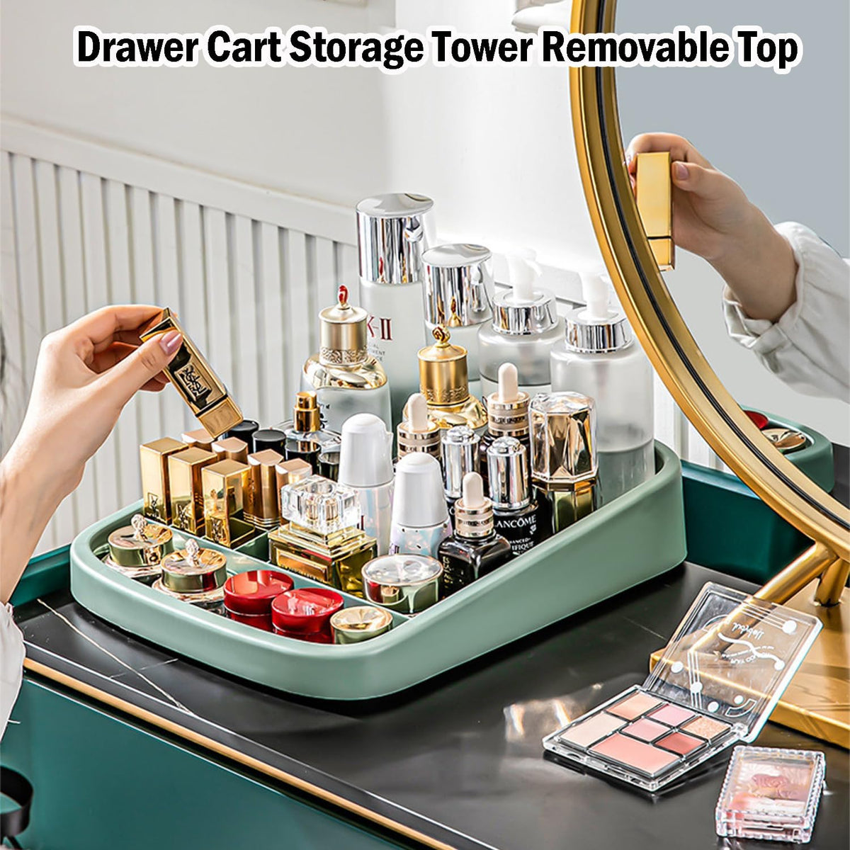 Cosmetic Organizer Cart with Handle and Lockable Wheels, Multifunctional Acrylic Storage Shelves Rolling Utility Cart