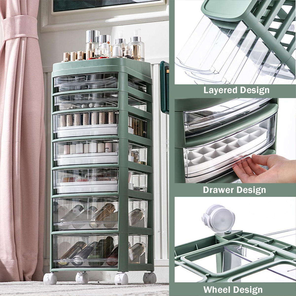 Cosmetic Organizer Cart with Handle and Lockable Wheels, Multifunctional Acrylic Storage Shelves Rolling Utility Cart