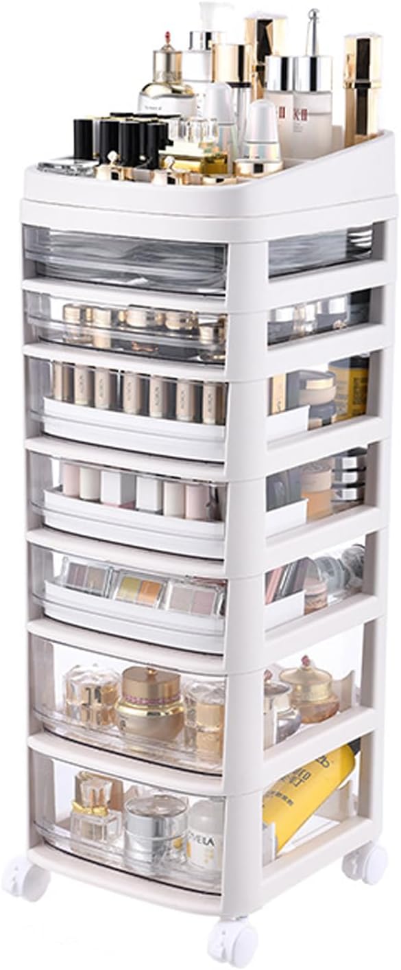 Cosmetic Organizer Cart with Handle and Lockable Wheels, Multifunctional Acrylic Storage Shelves Rolling Utility Cart