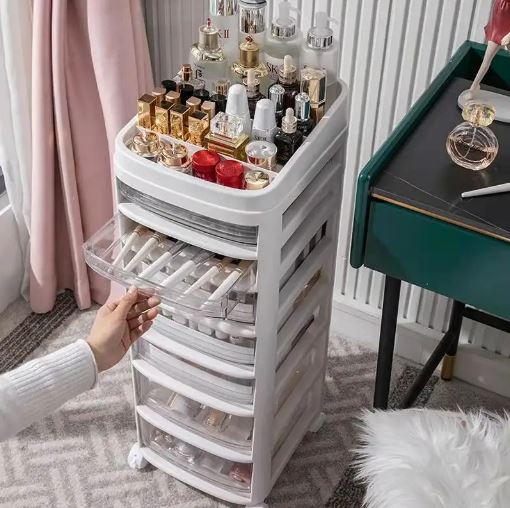 Cosmetic Organizer Cart with Handle and Lockable Wheels, Multifunctional Acrylic Storage Shelves Rolling Utility Cart