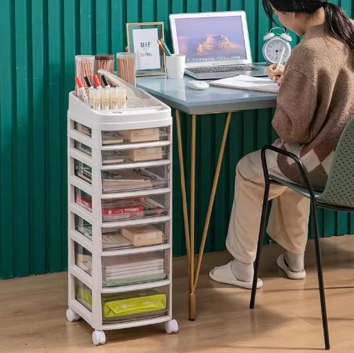 Cosmetic Organizer Cart with Handle and Lockable Wheels, Multifunctional Acrylic Storage Shelves Rolling Utility Cart
