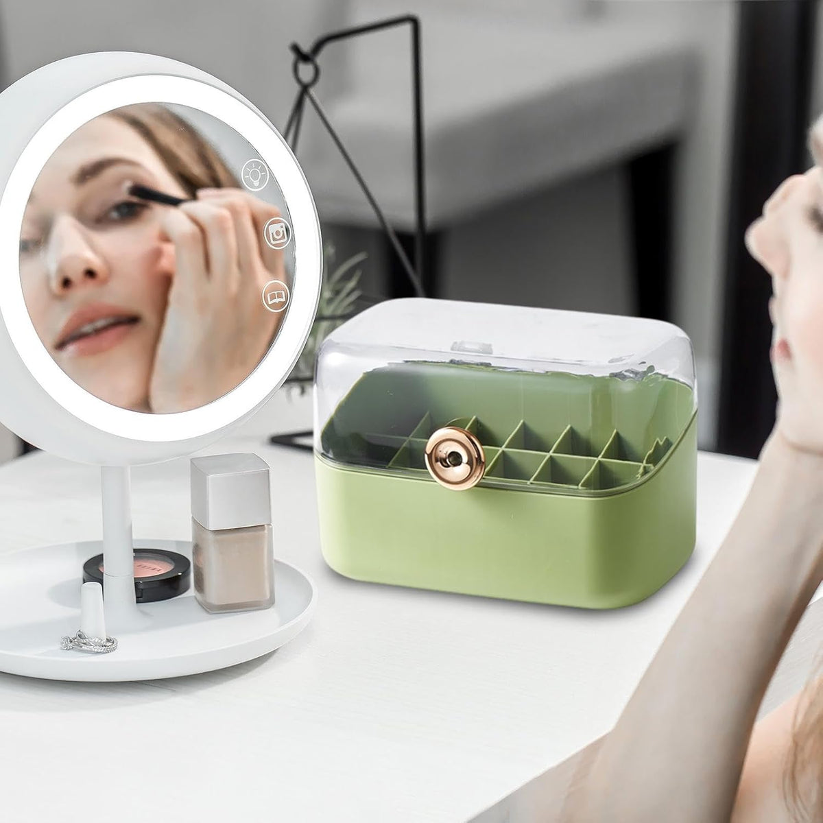 Cosmetic Organizer Storage Box for Display, Large Capacity Portable Dustproof Case with Multi Grids