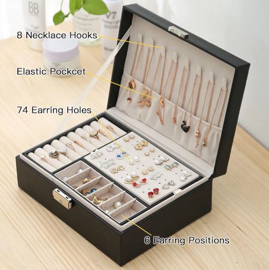 Double-Layer Large Creative Jewelry Box for Women Girls, Lockable PU Leather Storage Case