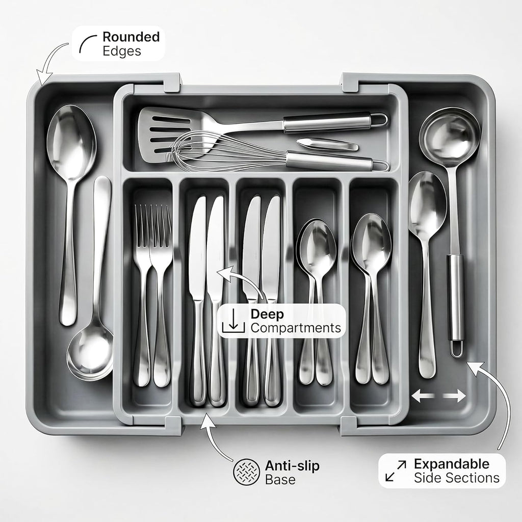 Drawer Organizer Expandable Kitchen Utensil Organizer, Cutlery Holder Tray Adjustable Plastic Drawer Divider Storage for Spoons Forks Knives
