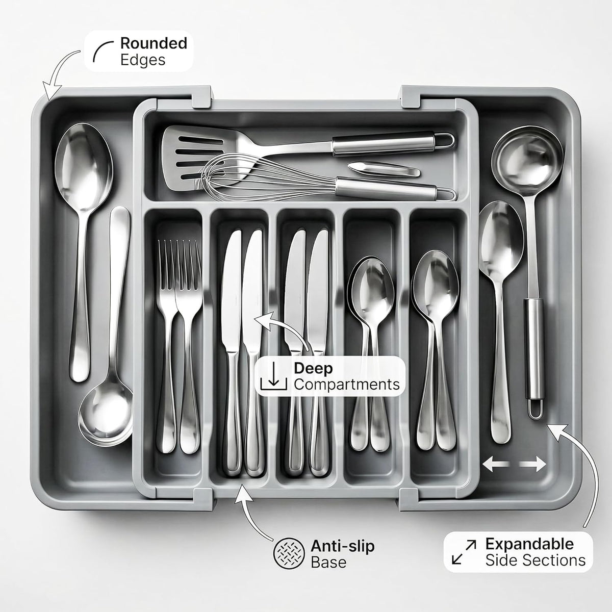 Drawer Organizer Expandable Kitchen Utensil Organizer, Cutlery Holder Tray Adjustable Plastic Drawer Divider Storage for Spoons Forks Knives