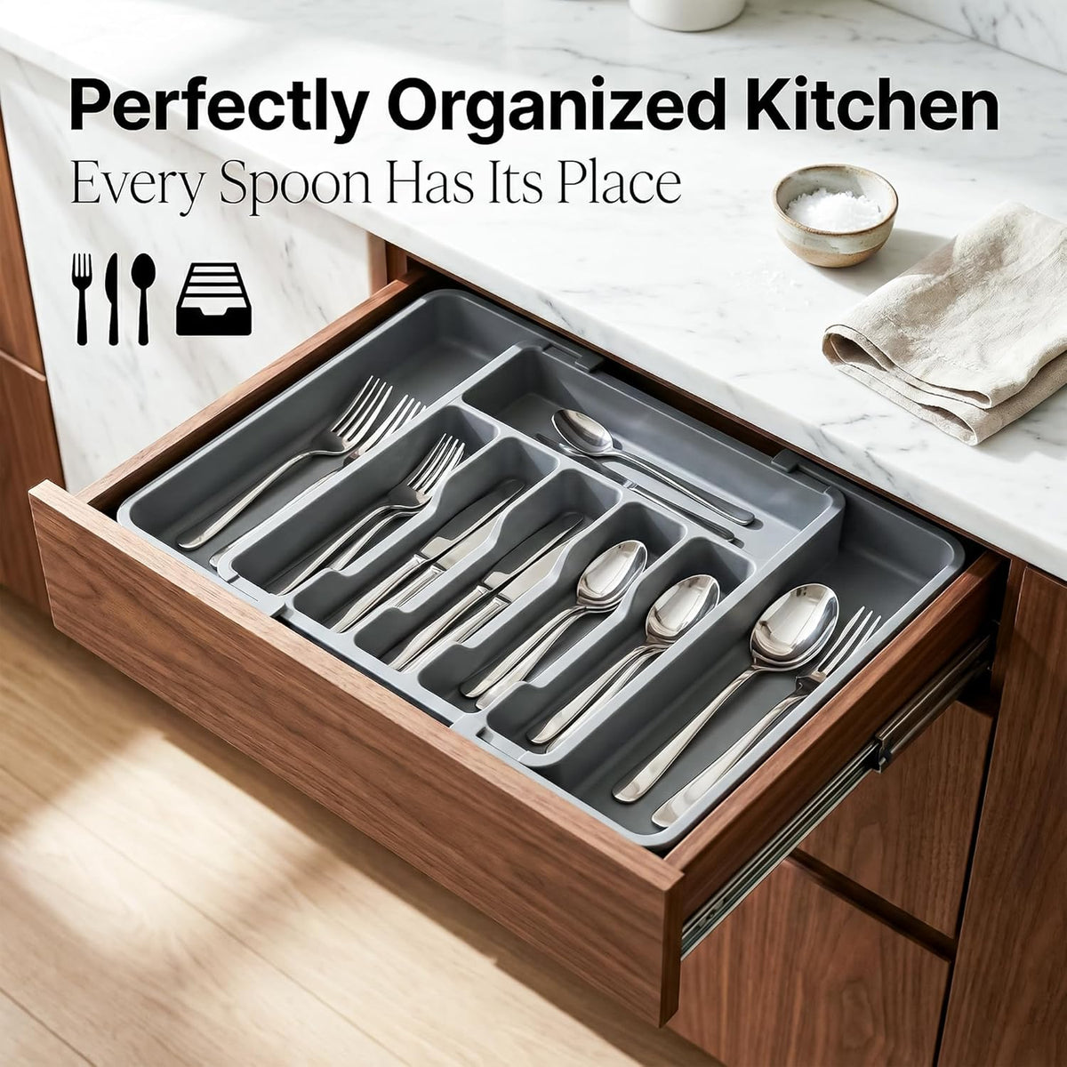 Drawer Organizer Expandable Kitchen Utensil Organizer, Cutlery Holder Tray Adjustable Plastic Drawer Divider Storage for Spoons Forks Knives