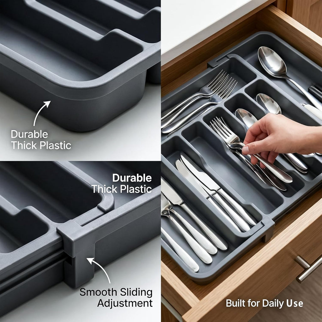 Drawer Organizer Expandable Kitchen Utensil Organizer, Cutlery Holder Tray Adjustable Plastic Drawer Divider Storage for Spoons Forks Knives