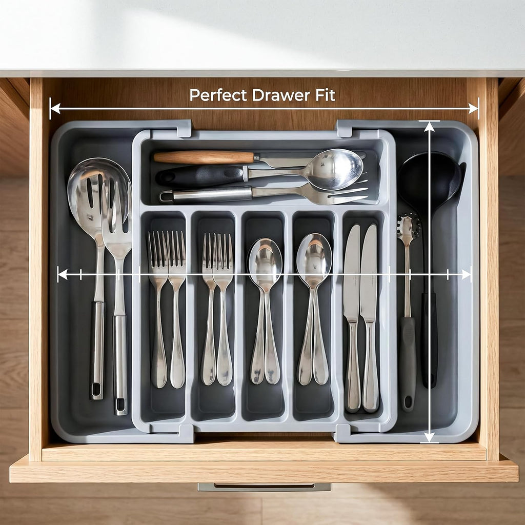 Drawer Organizer Expandable Kitchen Utensil Organizer, Cutlery Holder Tray Adjustable Plastic Drawer Divider Storage for Spoons Forks Knives