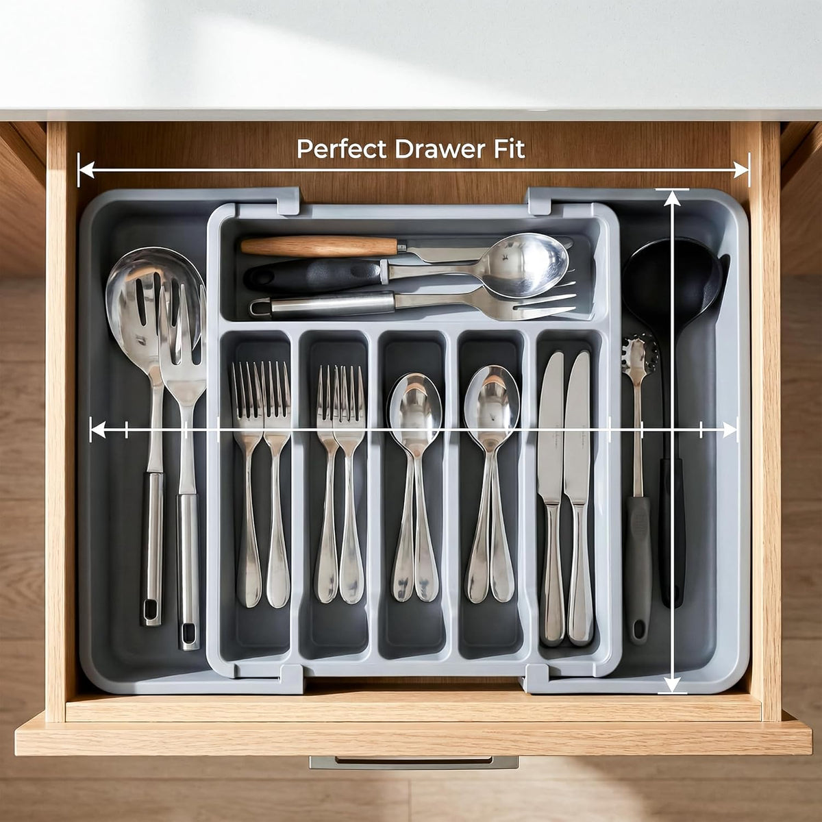 Drawer Organizer Expandable Kitchen Utensil Organizer, Cutlery Holder Tray Adjustable Plastic Drawer Divider Storage for Spoons Forks Knives