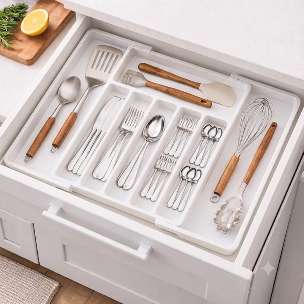 Drawer Organizer Expandable Kitchen Utensil Organizer, Cutlery Holder Tray Adjustable Plastic Drawer Divider Storage for Spoons Forks Knives