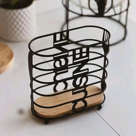 Oval Shape, Wooden Base, Spoon Fork Knife Holder, Generic Metal Cutlery Organiser, Black