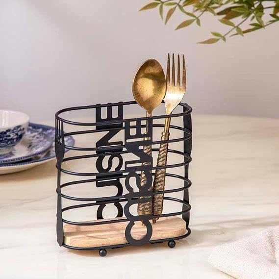 Oval Shape, Wooden Base, Spoon Fork Knife Holder, Generic Metal Cutlery Organiser, Black