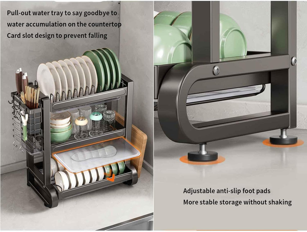 Stainless Steel Dish Drying Rack, Dish Drainer Over Sink Draining with Drip Tray with Cutlery Holder (Silver)