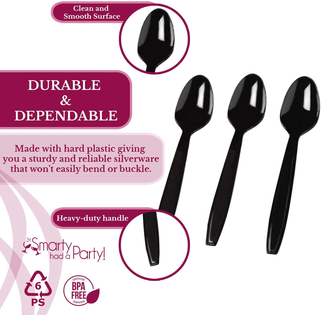Disposable Plastic Rice Dinner Lunch Meal Spoons Black - Pack of 50 Spoons - 7 Inches