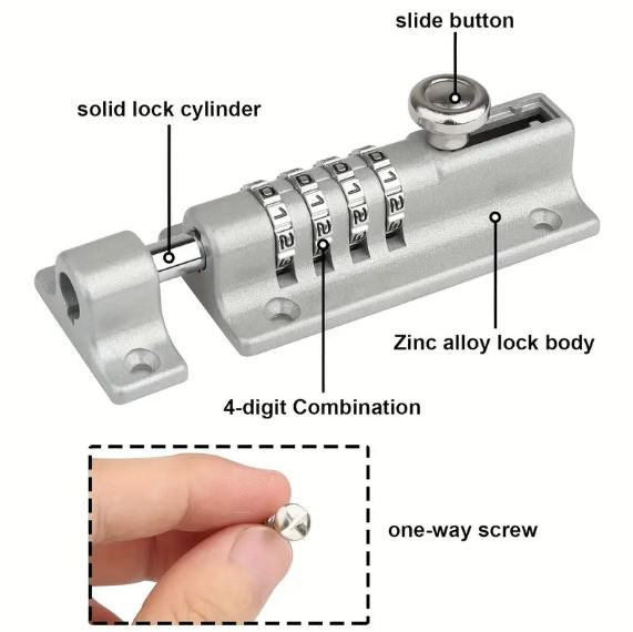 Door Latch Lock, Gate Locks For Outdoor Fence, 4 Digit Combination Bolt Lock, Outdoor Keyless Gate Lock