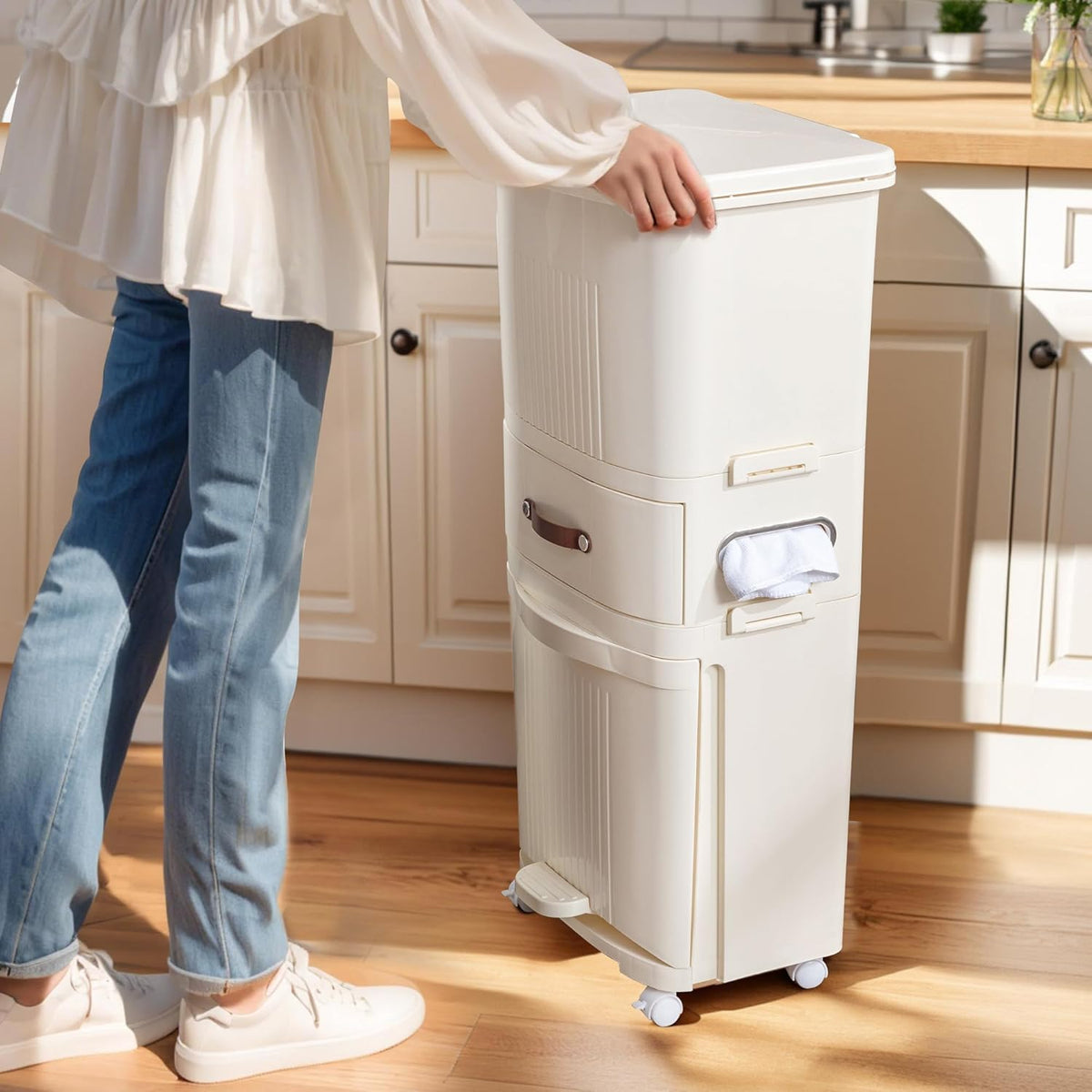 Double-Layer Vertical Trash Bin with Removable Inner Bucket Drawer & Tissue Holder