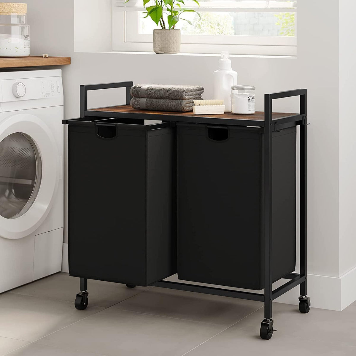 Double Laundry Hamper with Lid, Laundry Sorter with Top Shelf and 2 Removable Bags, Large Laundry Storage for Room, Black