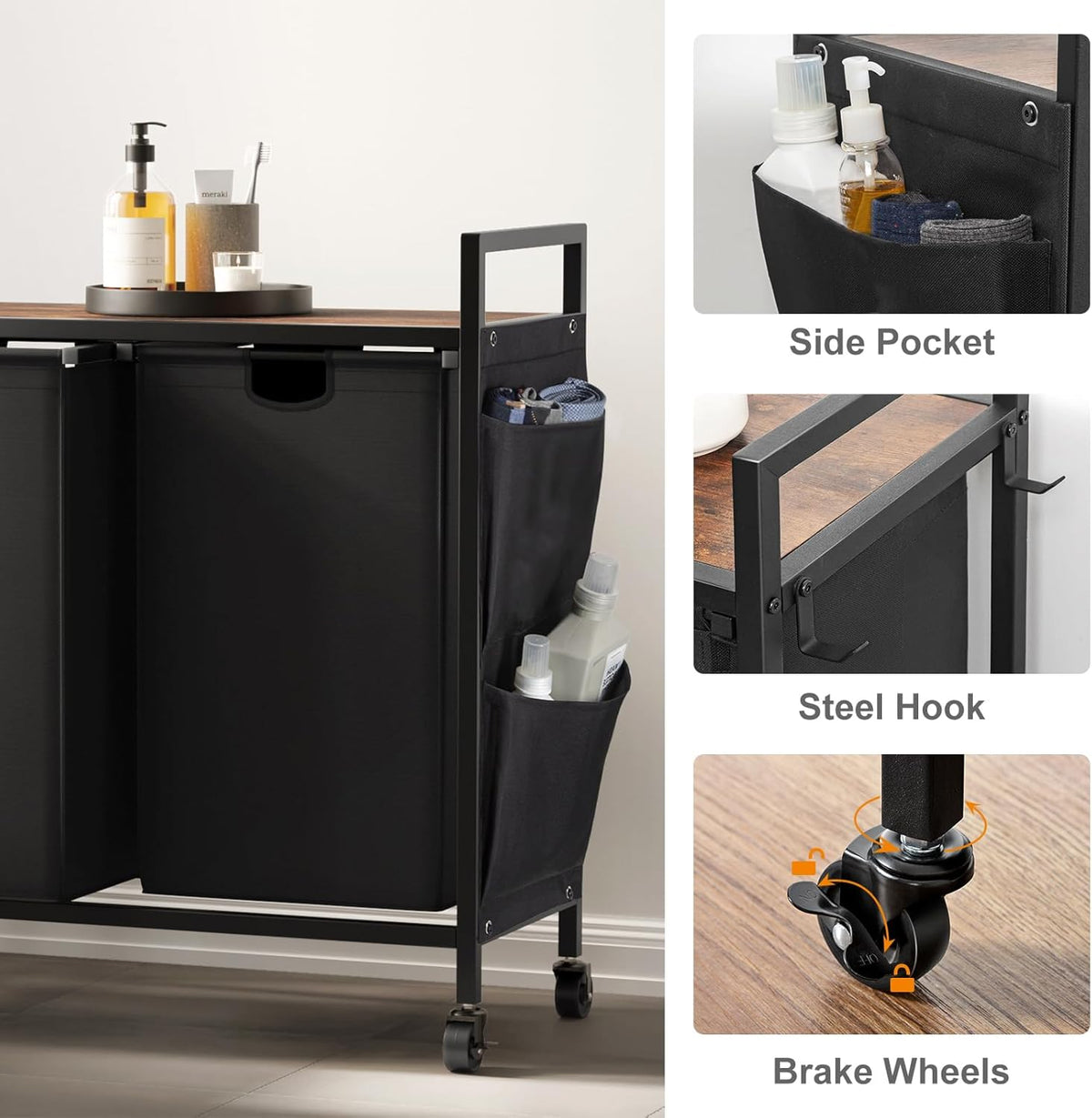 Double Laundry Hamper with Lid, Laundry Sorter with Top Shelf and 2 Removable Bags, Large Laundry Storage for Room, Black