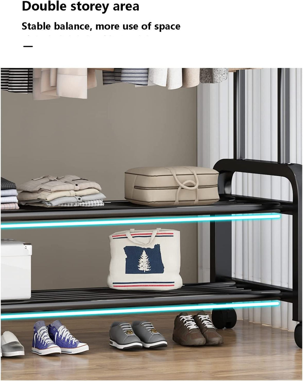 Clothes Rack With Shoe Shelf, Coat Display Stand With 4 Wheels For Bedroom (Color: Black)