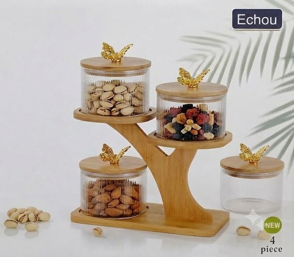 Butterfly Top Clear High Borosilicate Glass Airtight Dryfruit Jar Set with Bamboo Tree Organizer