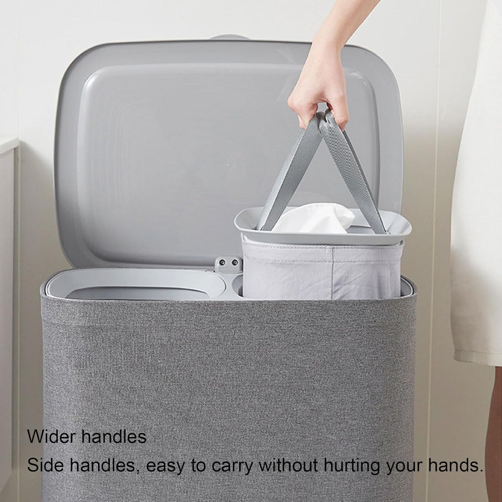 Laundry Basket with Lid, Dual Compartment Design Laundry Hamper, Clothes Basket for Bathroom Laundry