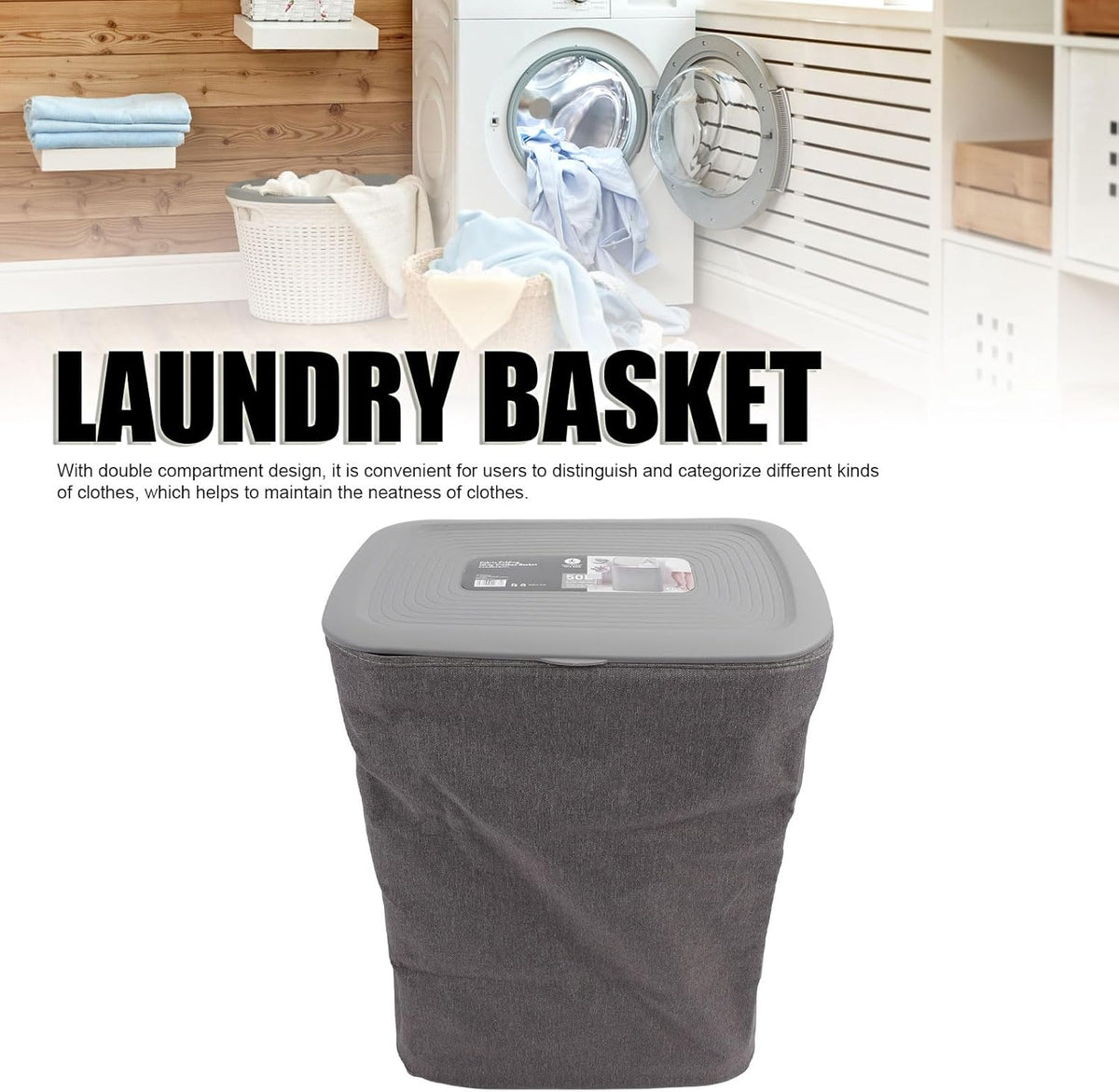 Laundry Basket with Lid, Dual Compartment Design Laundry Hamper, Clothes Basket for Bathroom Laundry