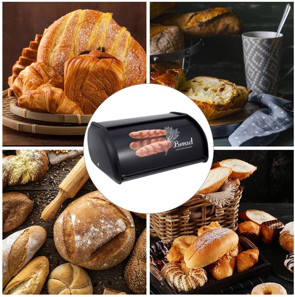 Elegant Black Bread Box, Rectangular, Reusable Iron Container with Flip-Top Lid, Perfect for Fresh Breads and Pastries