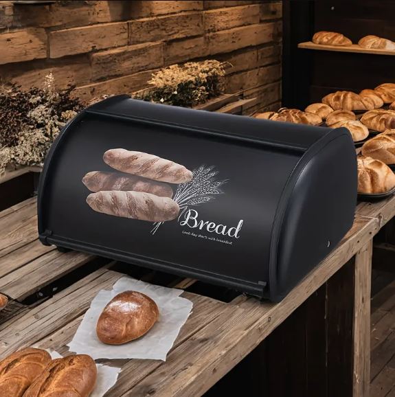 Elegant Black Bread Box, Rectangular, Reusable Iron Container with Flip-Top Lid, Perfect for Fresh Breads and Pastries