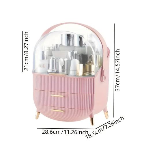 Elegant Pink Makeup Organizer with Golden Accents - Dustproof & Moisture-Resistant Cosmetic Storage Case with Lid & Drawers