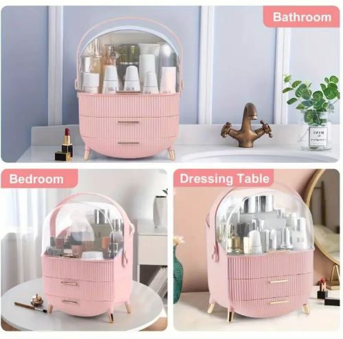 Elegant Pink Makeup Organizer with Golden Accents - Dustproof & Moisture-Resistant Cosmetic Storage Case with Lid & Drawers