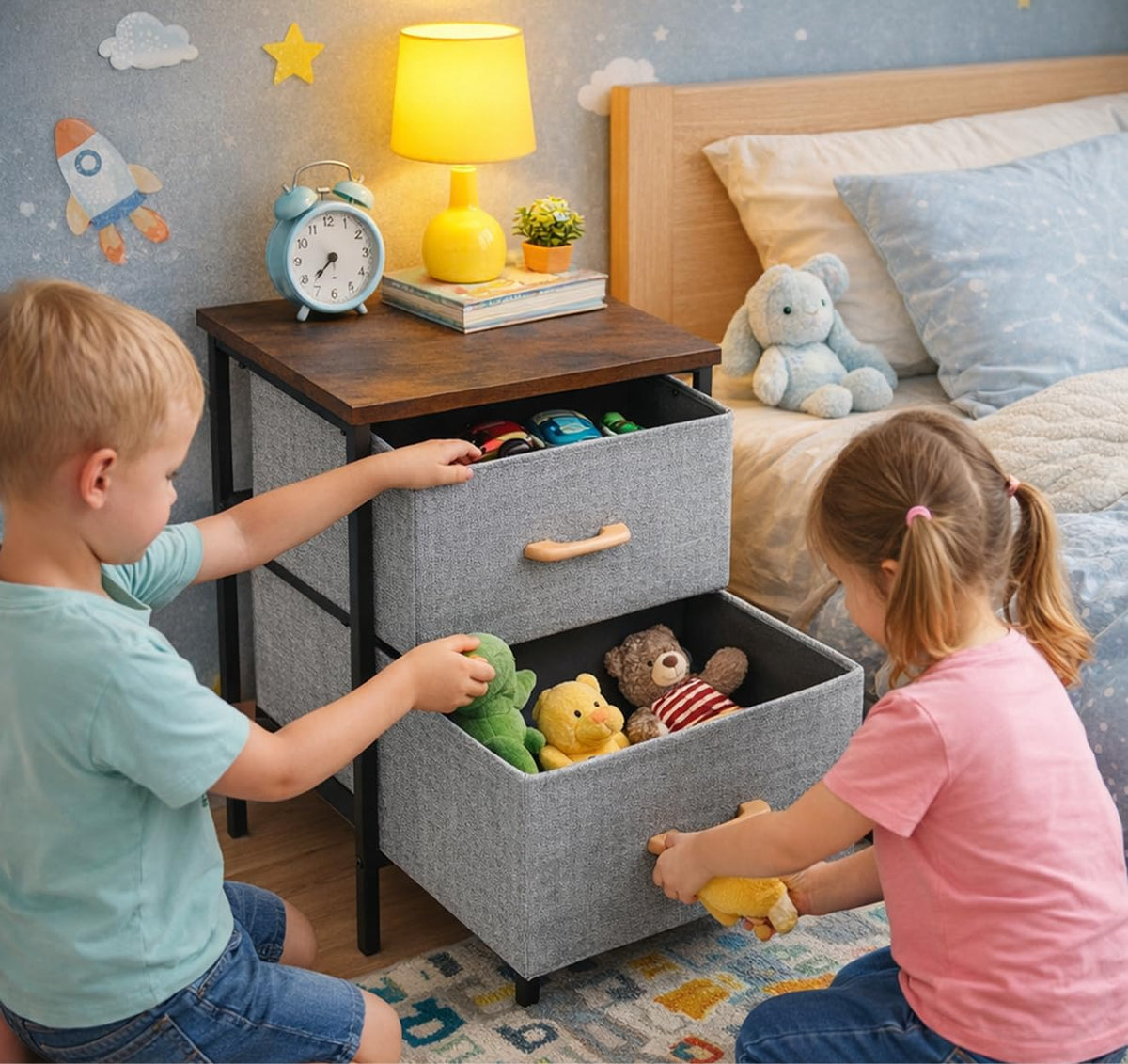 2/3/4 Layer Fabric Storage Organizer with Wooden Top and Metal Frame, Modern Dresser Storage Unit for Bedroom, Living Room, Office, Kids Room & Closet